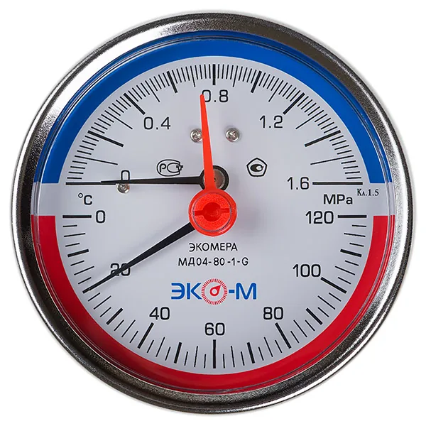 Термоманометр МД04-80 мм 0...1.6 МПа 0...120 °С G1\4 L=40 Осевой