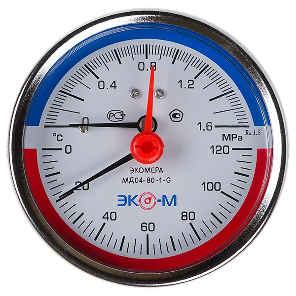 Термоманометр МД04-80 0...1.6 МПа 0...120 °С G1\4 L=60 Осевой